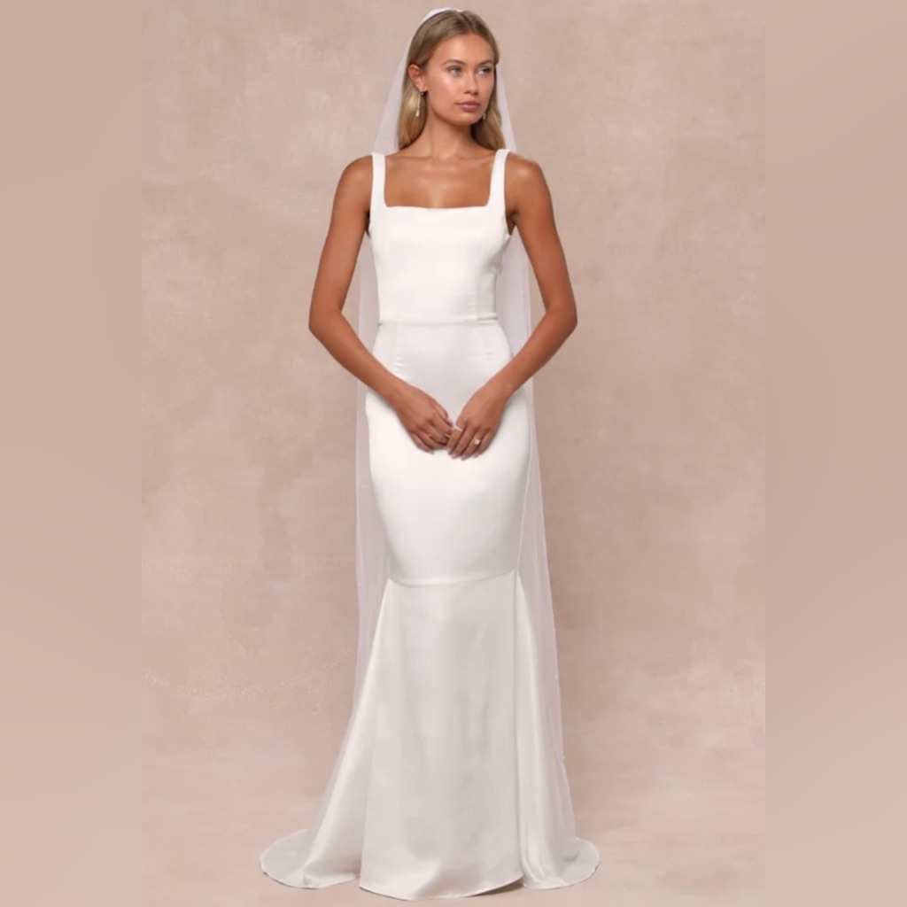 Nwt White Satin Square-Neck Mermaid Fitted Wedding Formal Dress Xl